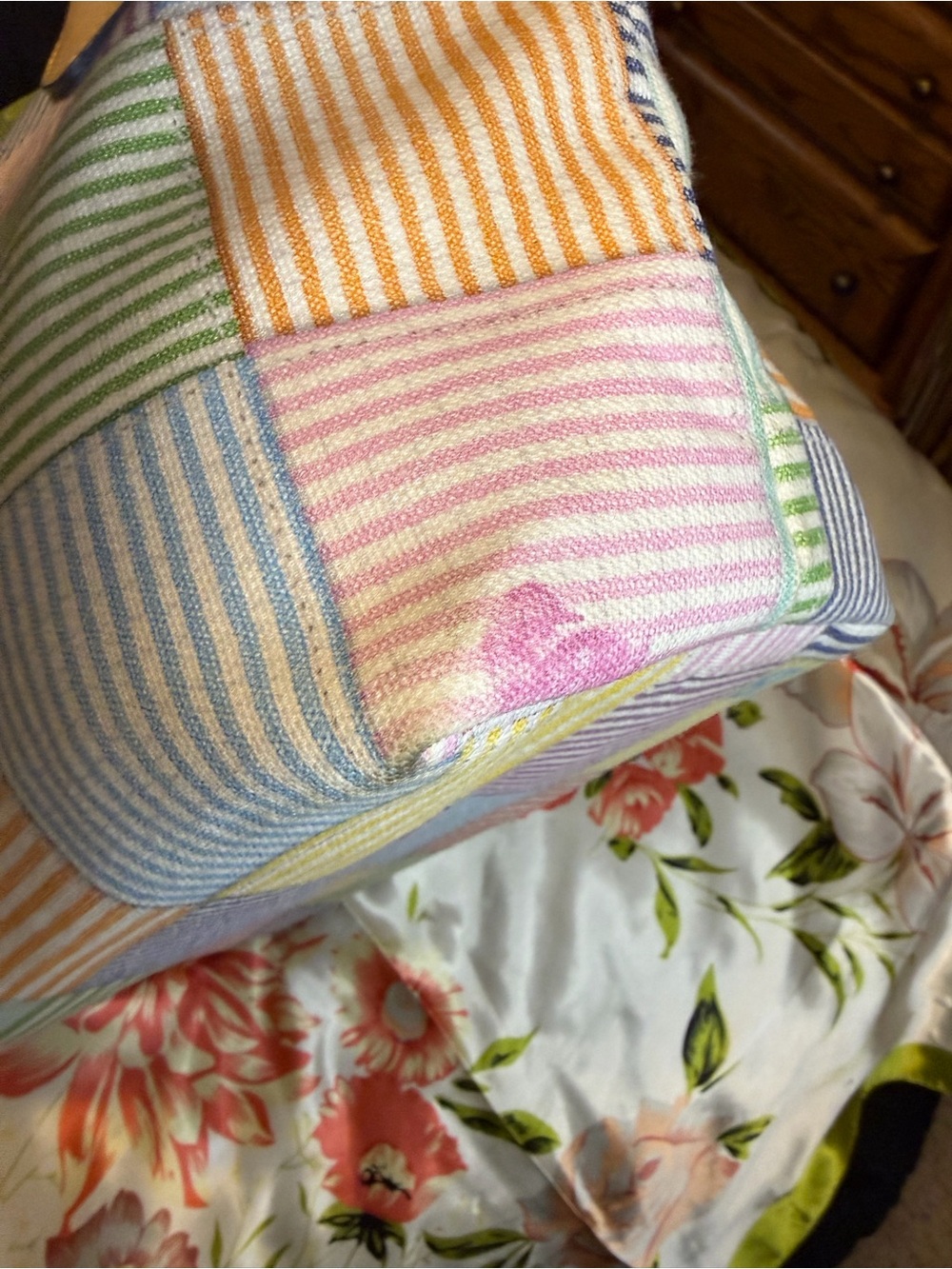 Dooney & Bourke Patchwork Seersucker Tote Bag Multicolor Striped | Leather Trim - Picture 15 of 16